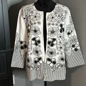 Choices Embroidered Floral‎ Jacket XL Open Front Cotton Boho Artsy Layer